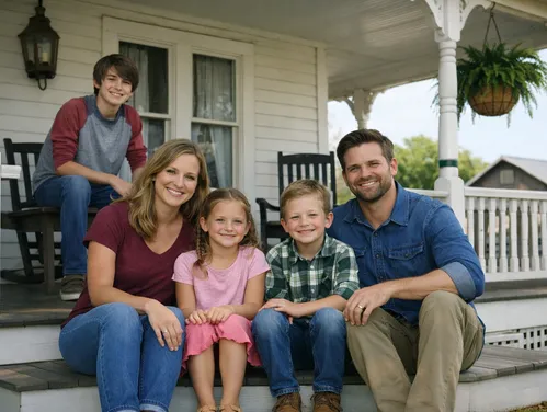 A smiling family of four sits on the wooden steps of a white farmhouse with green trim.