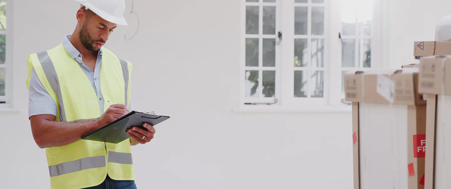 builder-wearing-hard-hat-with-clipboard-checking-delivery-of-new-kitchen-units-inside