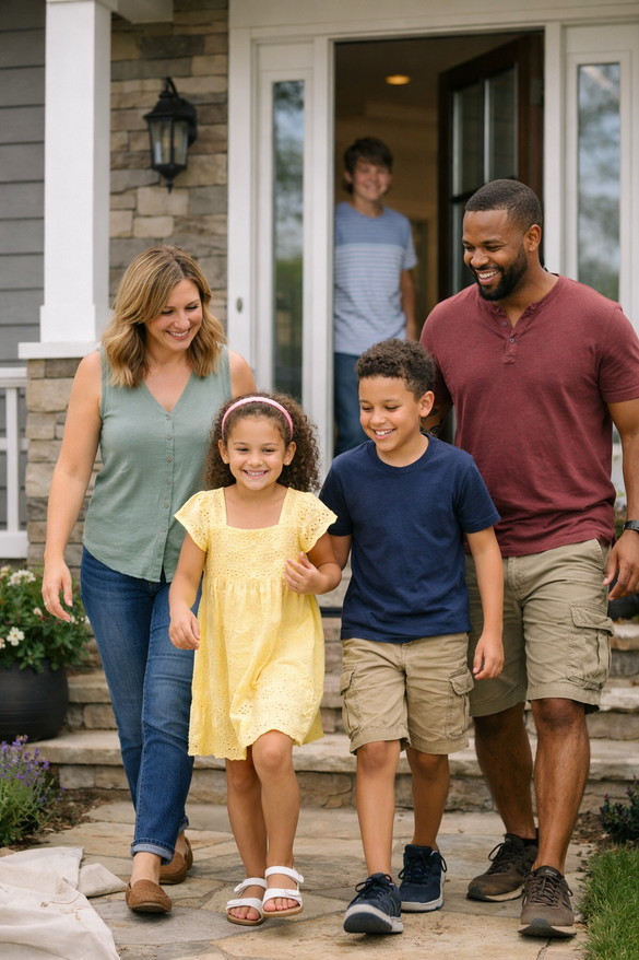 Family walking outside a gray two‑story house.