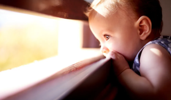 Young child with mouth on window sill