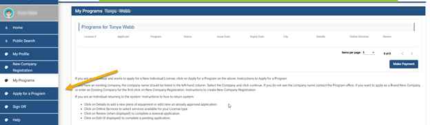 Licensing portal my programs page.  Arrow pointing to the Apply For a Program page.