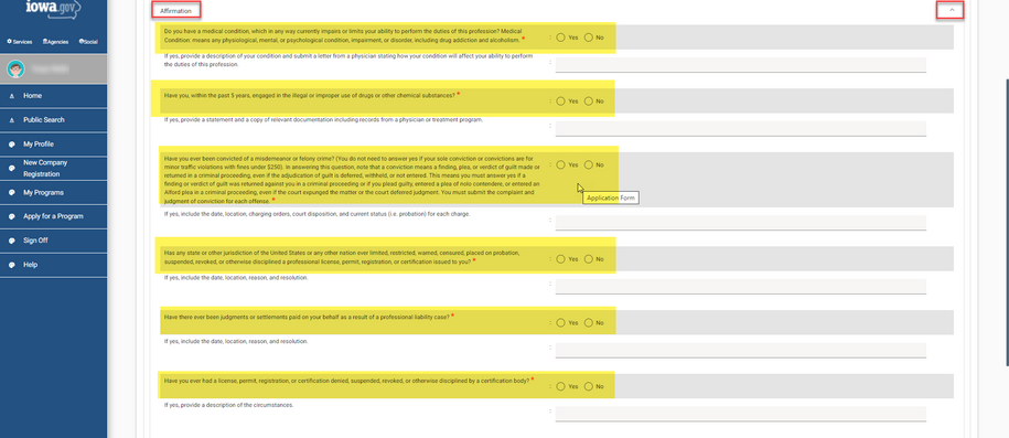 Affirmation questions on the backflow application form