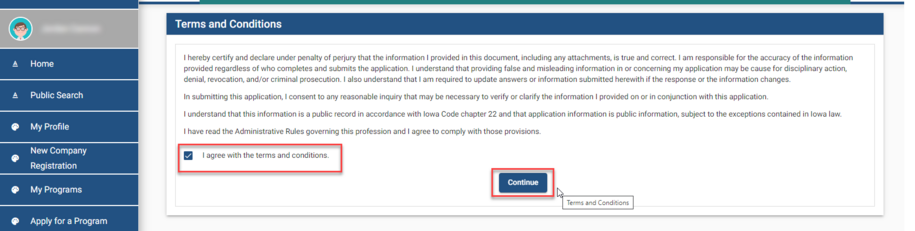 Terms and conditions.  Agreement checkbox highlighted and continue button highlighted.