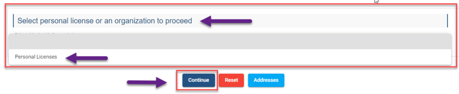 Select personal license or an organization to proceed dropdown menu.  Arrow pointing to the Personal Licenses button and Continue button.