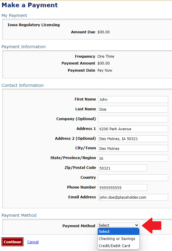 Payment screen showing the payment contact info text fields.  There is an arrow pointed at the Payment Method dropdown. 