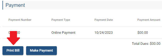 The payment section in the program details page.  A red arrow is pointing at the Print Bill button