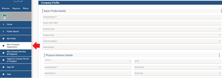 The Company Profile page showing the text fields to complete.  New Company Registration sidebar menu option is highlighted and has an arrow pointing to it.