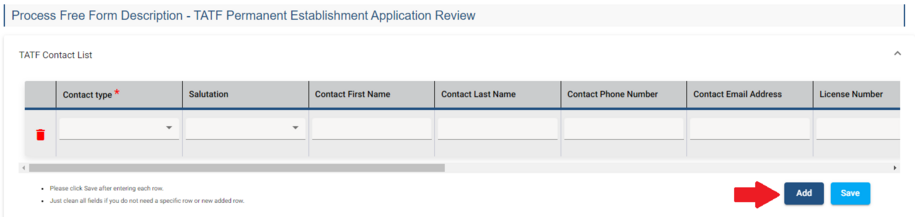 Process Free Form Description, "TATF Contact List" showing the the fields that should be completed. There is an arrow pointing to the Add/Save button.