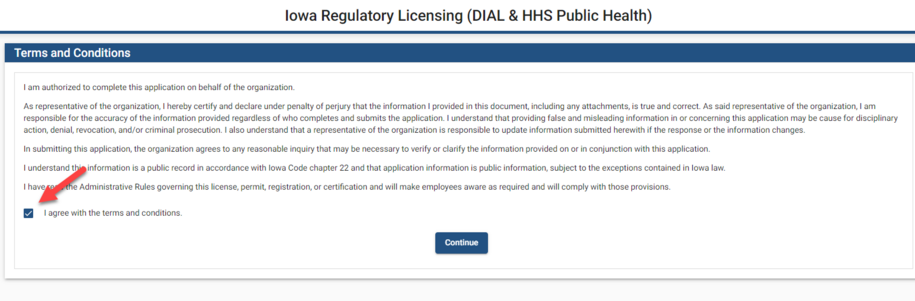 Public portal terms and conditions page. There is an arrow pointing at the "I agree to the terms and conditions" checkbox.