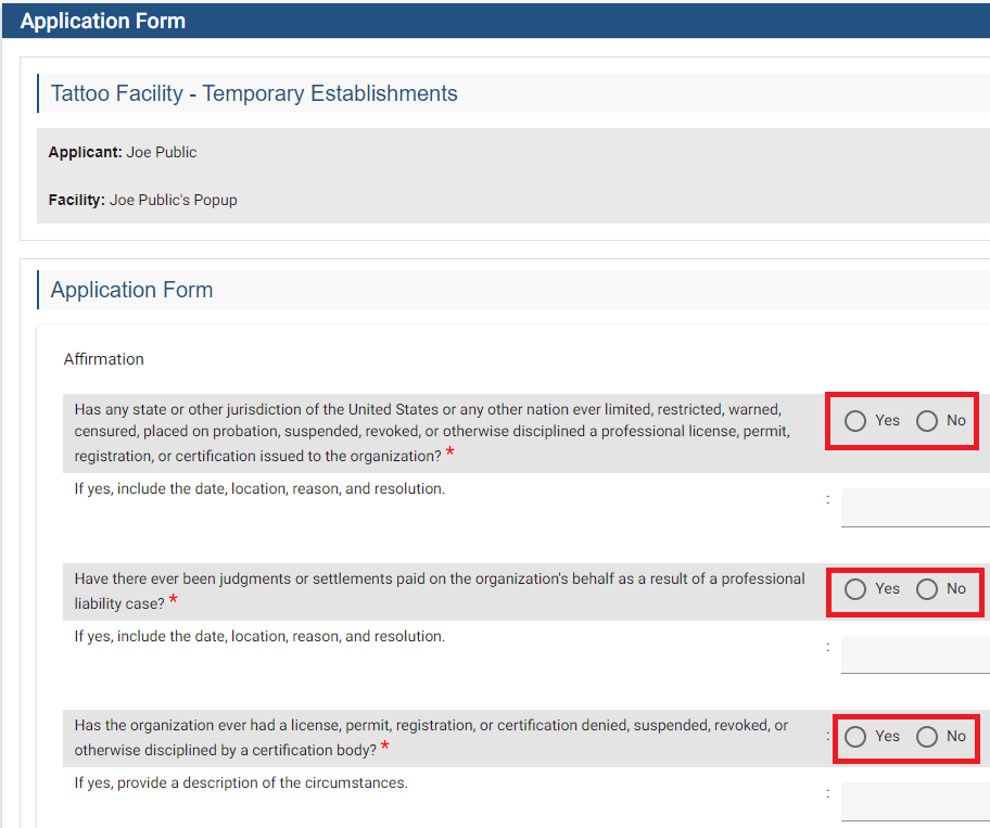 Temporary event application form and affirmation questions. There is a red box around the three radio buttons used to answer the questions.