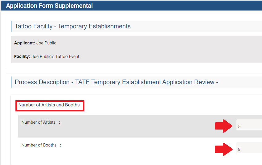 The Process description - TATF Temporary Establishment Application Review section. There is a red box highlighting the Number of Artists and Booths header. There are arrows pointing to the text boxes where the applicant enters the number of participating artists and number of tattoo booths.