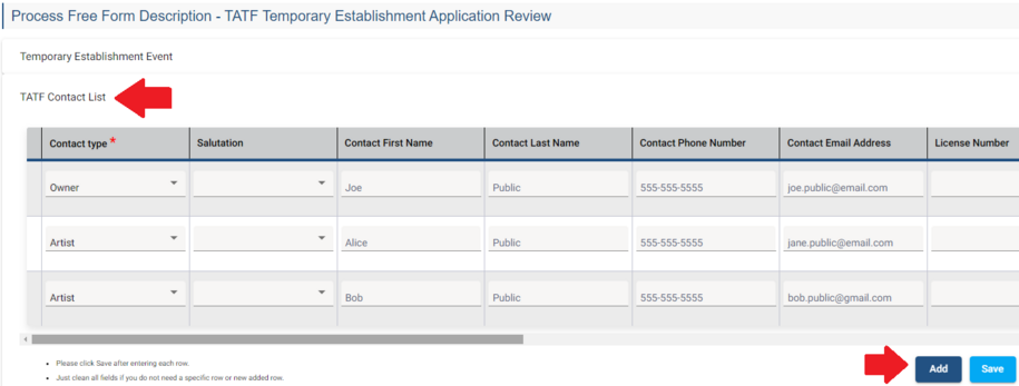 Process Free Form Description section. There is an arrow pointing at the TATF Contact List indicating where to click to expand the section. Rows are already added showing the fields to complete. An arrow is pointing at the add and save buttons.