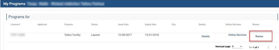 The My Programs page showing a tattoo establishment permit row. The Renew button is highlighted with a red box.