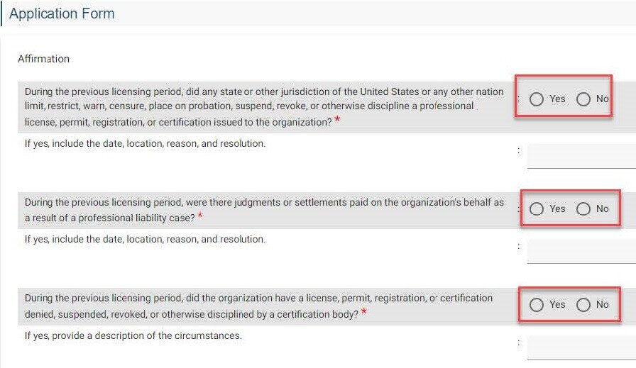 Affirmation questions on the tattoo establishment renewal form. There are three red boxes highlighting the three sets of radio buttons for three questions that the applicant must answer.
