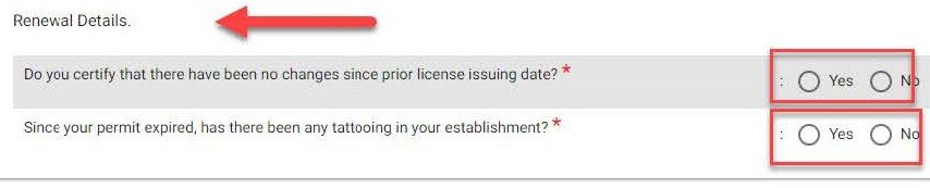 The renewal details section. There is a red arrow pointing to the header and a red box highlighting the radio buttons for the questions the applicant must answer.