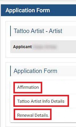 Application form showing each part of the application form. Reinstatement Renewal Details are included.