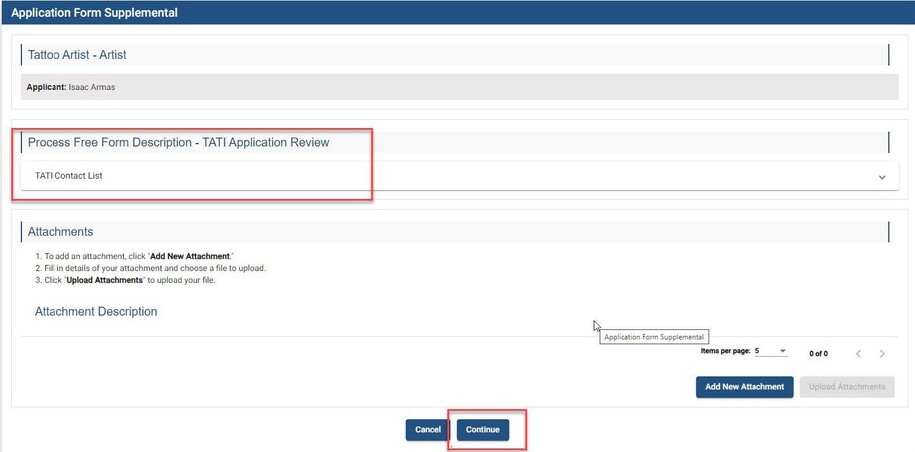 Application form supplemental page. Continue button is highlighted.