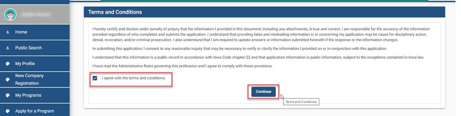 Terms and conditions pate. The required checkbox and continue button are highlighted.