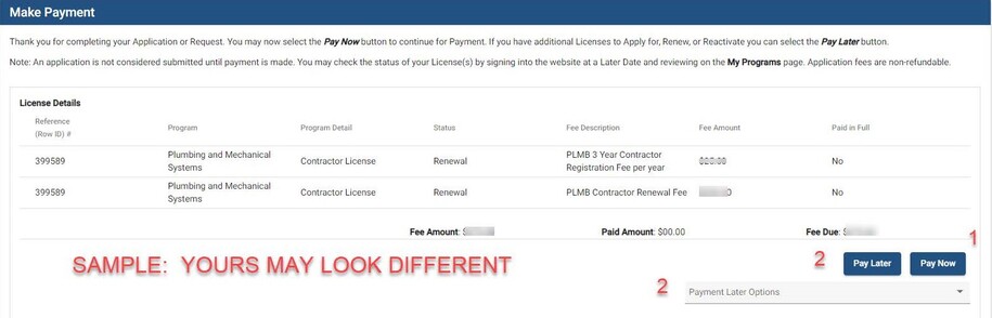 Payment Screen showing where to pay now with a credit card or pay later with a mailed-in check