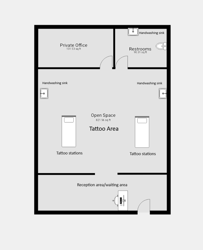 Tattoo establishment floor plan.  There is a reception area at the bottom, the tattoo area in the middle and an office and bathroom at the top.  The tattoo area shows a tattooing station and sink on the left and another tattooing station and sink on the right.  There is a walkway running vertically through the floor plan allowing patron access to the restrooms. 