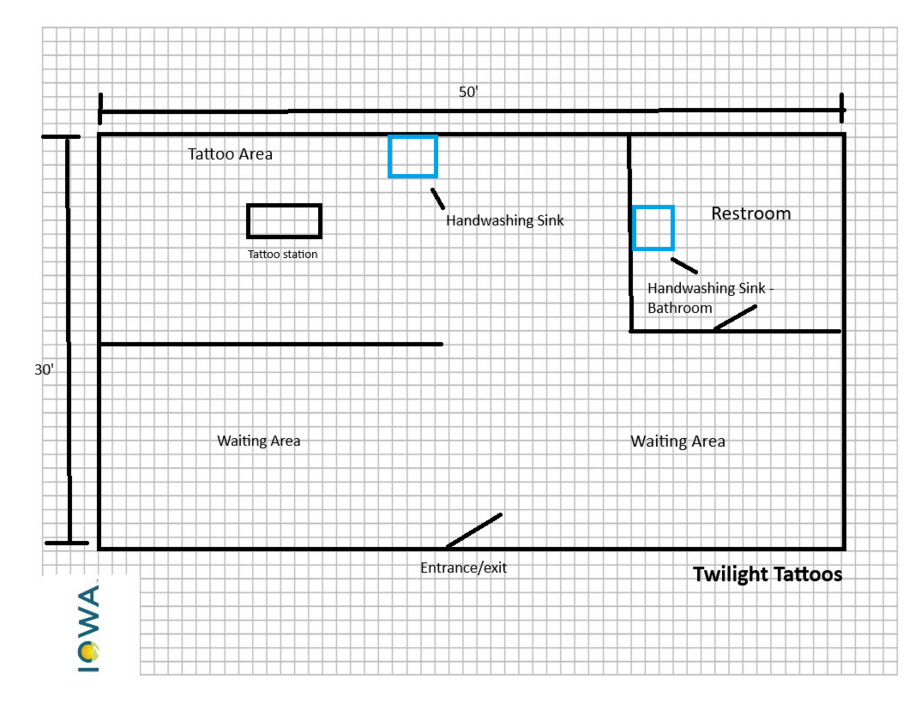 A rough sketch of a tattoo establishment floor plan.  There is a reception area at the bottom, tattoo area on the top-left, and restrooms on the top right.  The tattoo area notes where the tattooing station is and there is a sink noted at the top of the tattoo area. 