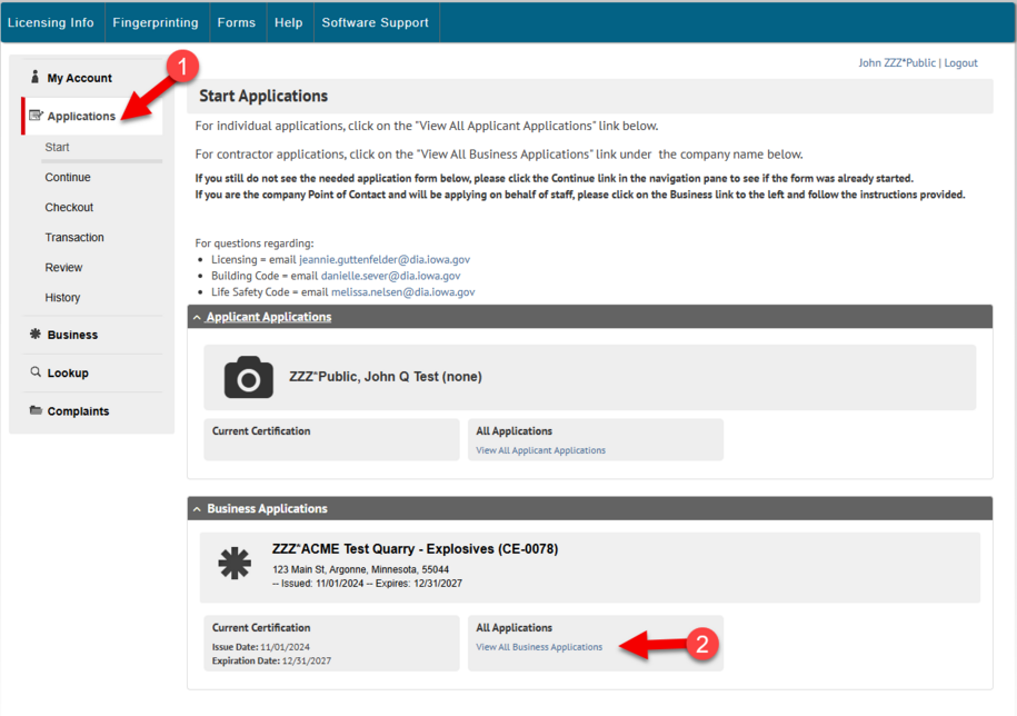LMS start applications screenshot with arrows pointing to links