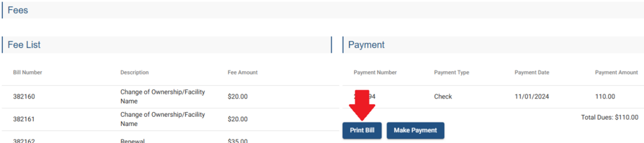 The program details page that is scrolled down to the Payment header. An arrow is pointed to the Print Bill button.