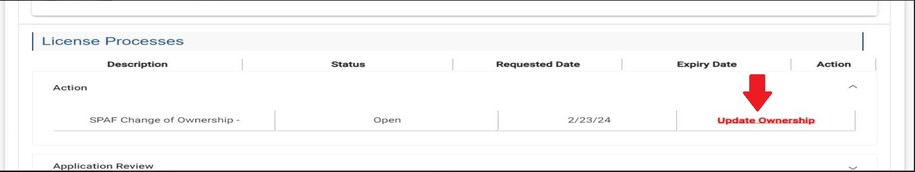 The program details page. It is scrolled down to the License Processes header. An arrow is pointed to the Update Ownership button.