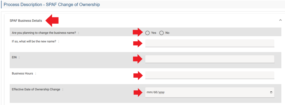 The Process Description section. An arrow is pointing to the SPAF Business Details sub-header and arrows and pointed to the 5 fields used to answer the change of ownership questions.
