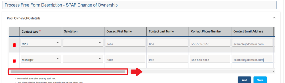 The Process Free Form Description section showing a few rows with contact information added and the scroll bar is highlighted.