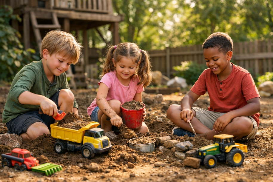 Three children play in the dirt with toy trucks and buckets in a sunny backyard, smiling and digging together.